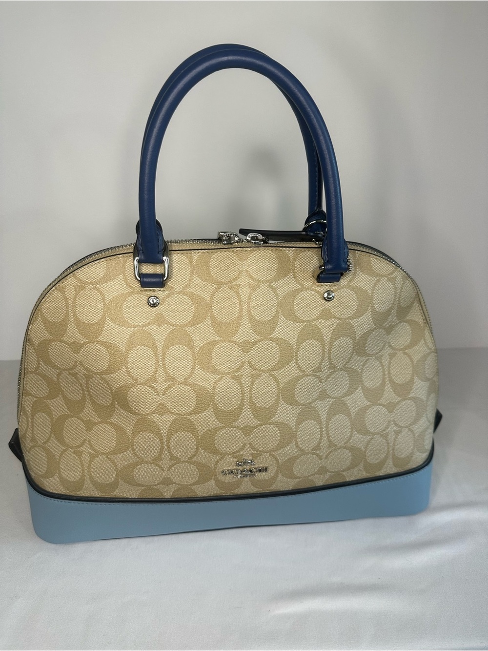 COACH SIERRA SATCHEL IN COLORBLOCK SIGNATURE F57494, SILVER/KHAKI/BLUE MULTI